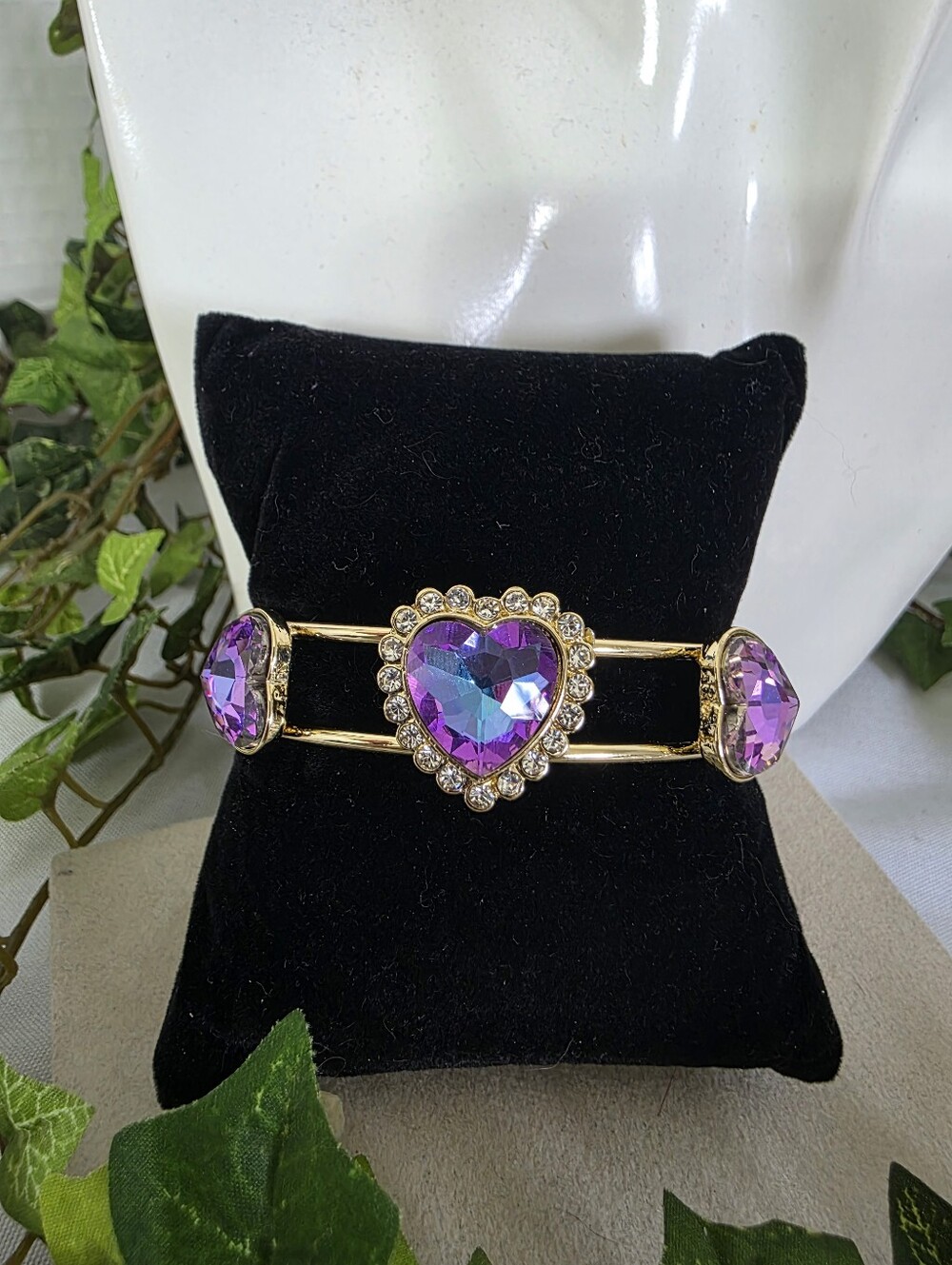Gold Filled Purple AB Crystal Triple Heart Open Cuff Statement Bracelet